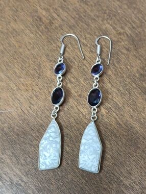 Elegant Silver Drop Earrings with Purple and White Inlay